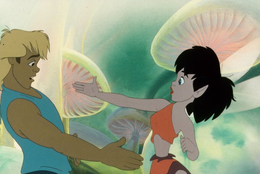 Still from an animated film FernGully: The Last Rainforest, showing fairies surrounded by pale toadstools.
