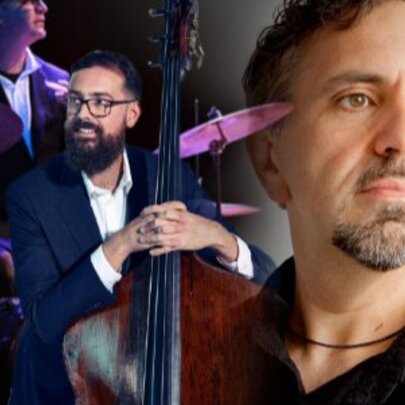 Composite image of jazz pianist Joe Chindamo and two other musicians, one playing the double bass and the other playing the drums.