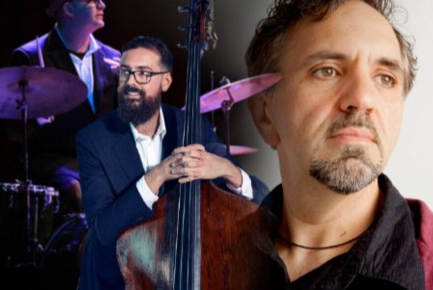 Composite image of jazz pianist Joe Chindamo and two other musicians, one playing the double bass and the other playing the drums.