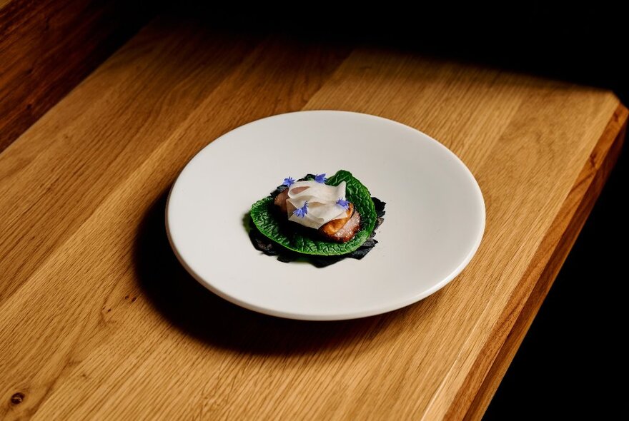 A large white plate with a small serving of grilled salmon with bonito flakes resting on a green lettuce leaf.