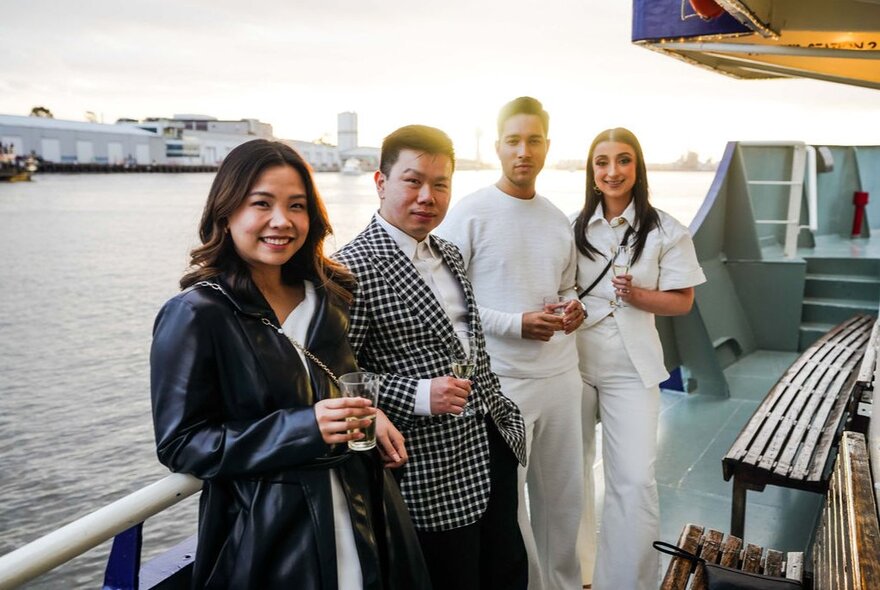 People holding glasses while standing on the deck of a boat moored in Docklands.