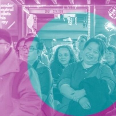 A crowd of people standing, listening and watching an event; the image is stylized with a dual-tone colour filter, a teal circle over a magenta wash.
