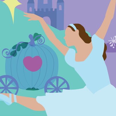 A digitally-drawn image of Cinderella as a ballerina, with the pumpkin carriage behind her.