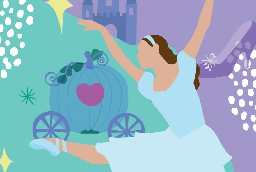 A digitally-drawn image of Cinderella as a ballerina, with the pumpkin carriage behind her.