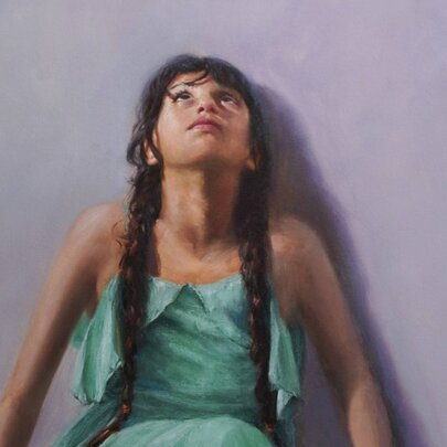 Painting of a young girl standing against a purple wall, her long plaits draped over her shoulders.