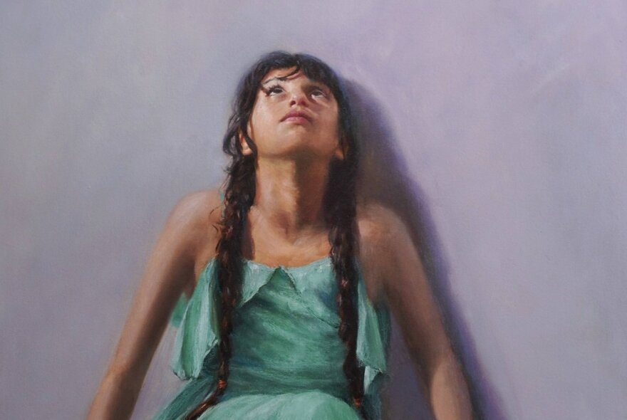 Painting of a young girl standing against a purple wall, her long plaits draped over her shoulders.