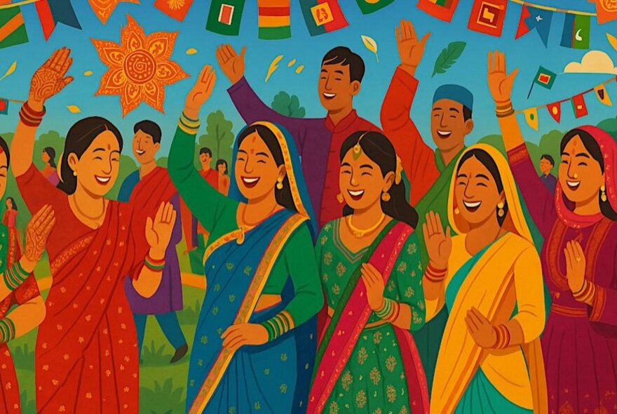 A colourful cartoon depiction of traditional South Asian women celebrating.