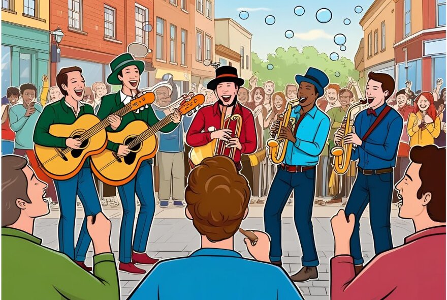 Cartoon of musicians performing in a street  while a crowd looks on.