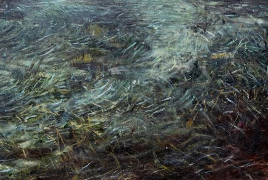 An oil painting in shads of dark blue and green, that resembles the sea and seaweed.