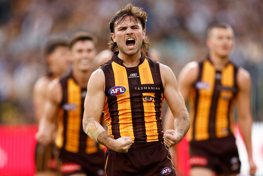 A Hawthorn player yells with fists clenched during a match, other players blurred behind him.