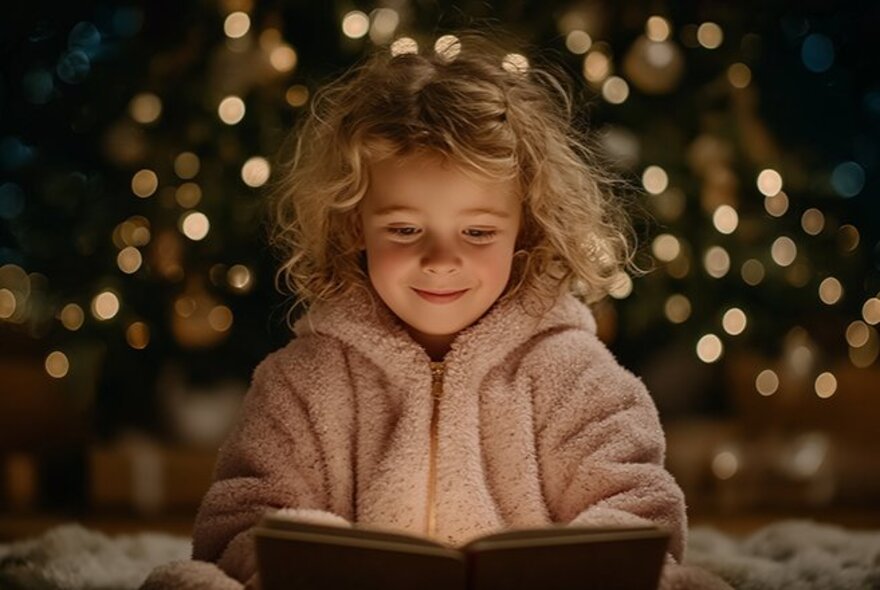 A young child wearing a dressing gown, looking at an open picture book in her lap, blurred twinkling lights behind her.