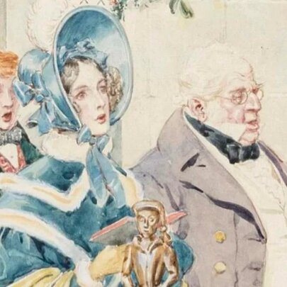 Regency illustration of people singing carols in church wearing bonnet, caped coat and suits.