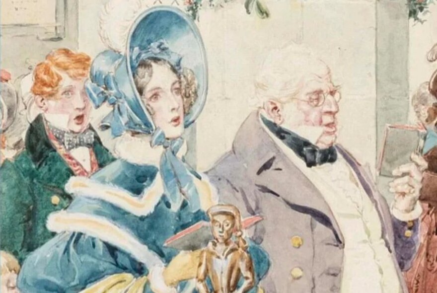 Regency illustration of people singing carols in church wearing bonnet, caped coat and suits.