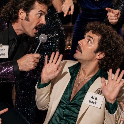 Actors in 1970s outfits with moustaches, one man holding a microphone, the other with his hands raised in surrender.