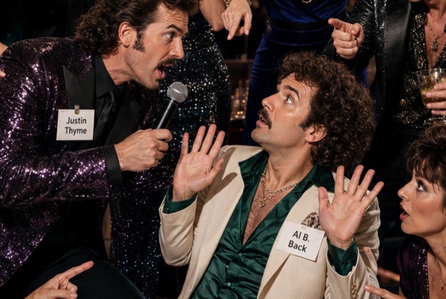 Actors in 1970s outfits with moustaches, one man holding a microphone, the other with his hands raised in surrender.