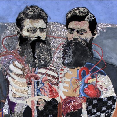 An artwork by artists Anne and Emma Dash depicting two men with beards and their inner organs showing.