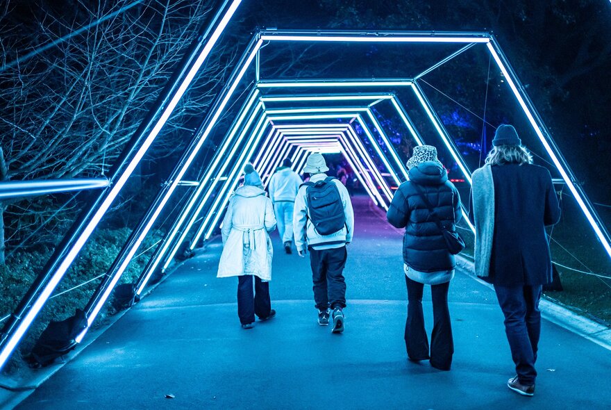 A group of people are walking through a tunnel of neon lights