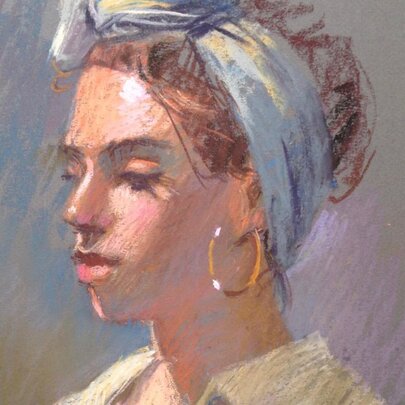 A pastel drawing of a woman with large gold hoop earrings and a scarf around her head looking passively in semi-profile. 