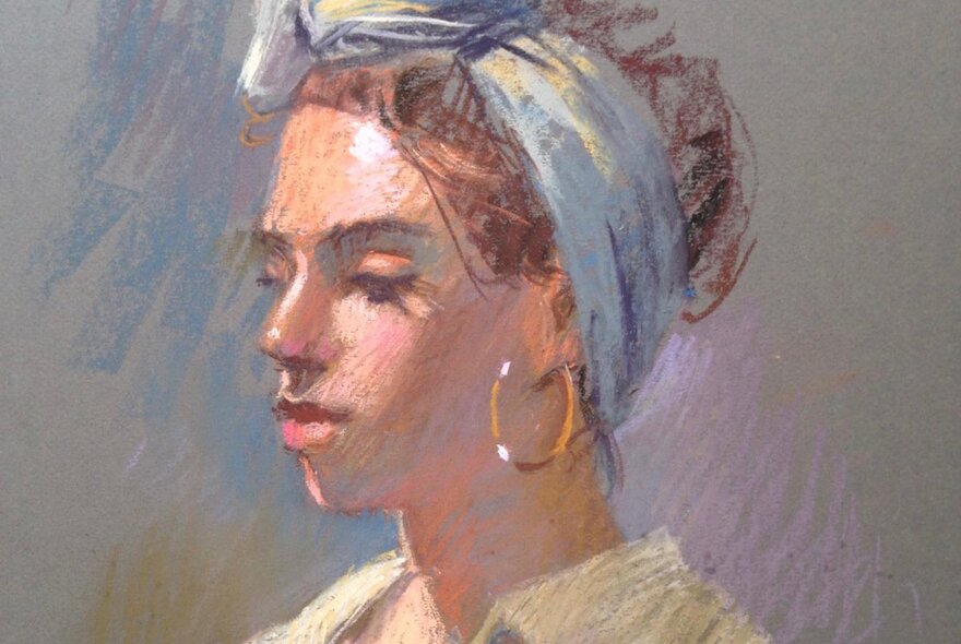 A pastel drawing of a woman with large gold hoop earrings and a scarf around her head looking passively in semi-profile. 