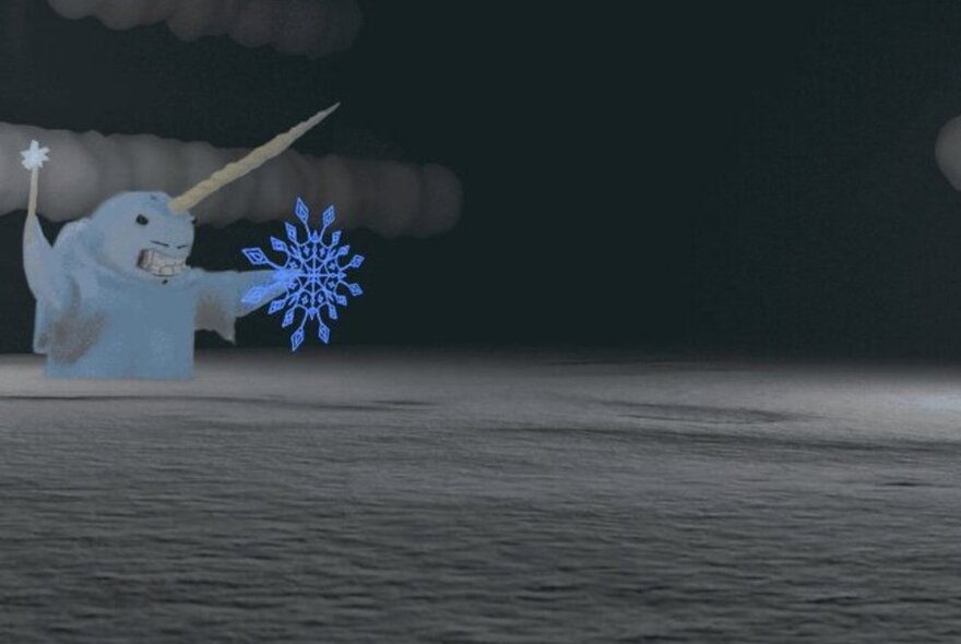 Zine illustration of a snow monster unicorn holding flares in an icy landscape.