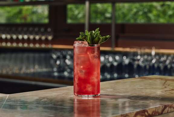 A tall red cocktail with leafy garnish.