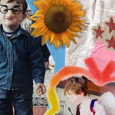 A collage image of a boy wearing funny-face glasses, a sunflower and a younger boy wearing butterfly wings.