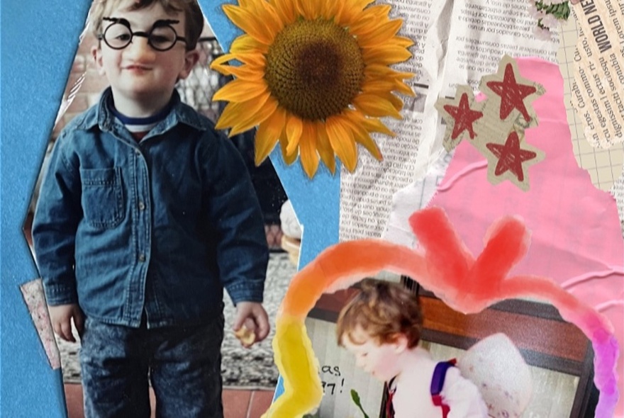A collage image of a boy wearing funny-face glasses, a sunflower and a younger boy wearing butterfly wings.