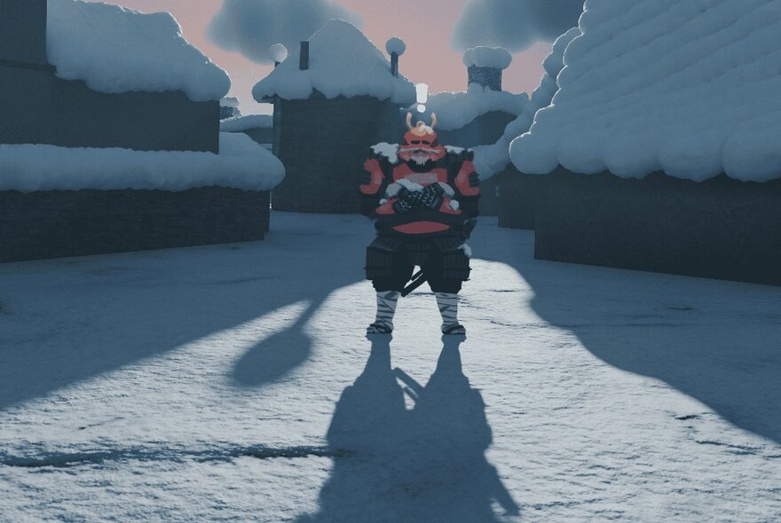 Zine illustration of a warrior figure in an icy landscape with snow-covered houses.