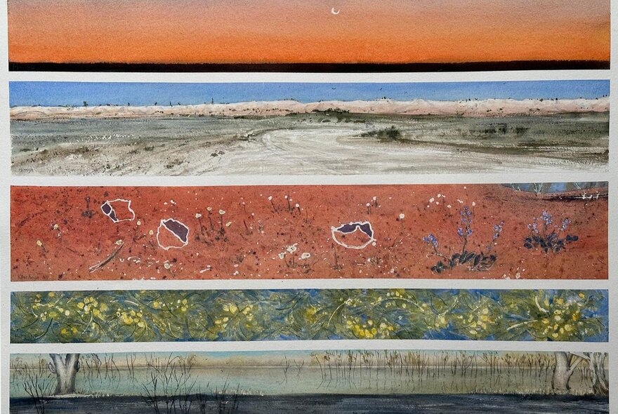 Artwork of layers of nature including red soil and seascape.