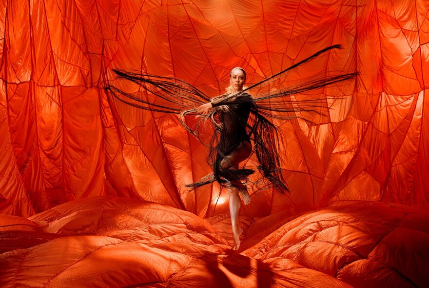 A dancer twirling around on a stage with the long fringed edging of her costume moving though the air, set against a voluminous orange fabric backdrop that also covers the ground.