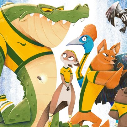 An illustration from the book, Luna Roo the Kangaroo Baller, showing a beefed-up crocodile, a kangaroo, cassowary, dingo and wombat wearing green and gold sporting jerseys.