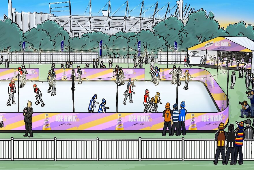 An artist's impression of the ice rink in front of the MCG that will operate in Yarra Park during the Footy Festival.