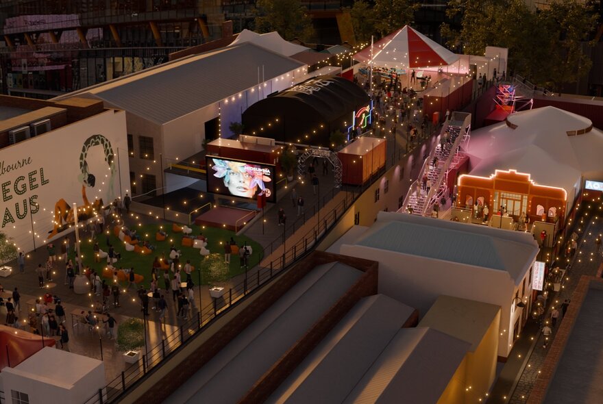 Aerial view of Spiegel Haus showing the domed rooftop bar at night, with twinkling fairy lights.