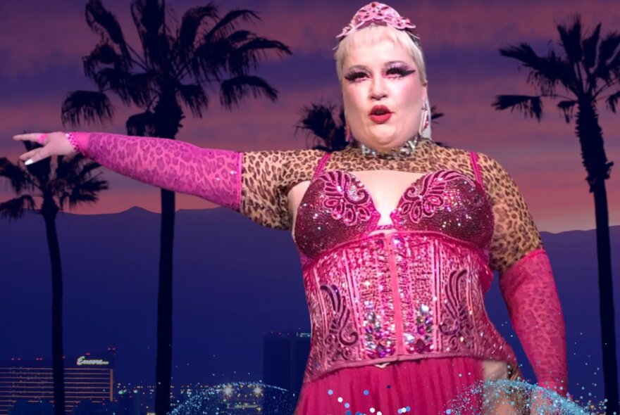 Burlesque performer wearing leopard print and pink bustier and gloves with one arm raised to the side against a sunset landscape with palm trees.