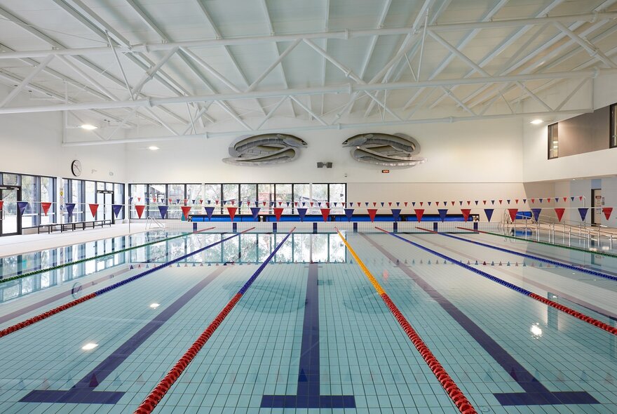 Indoor swimming pool with lap lanes marked.