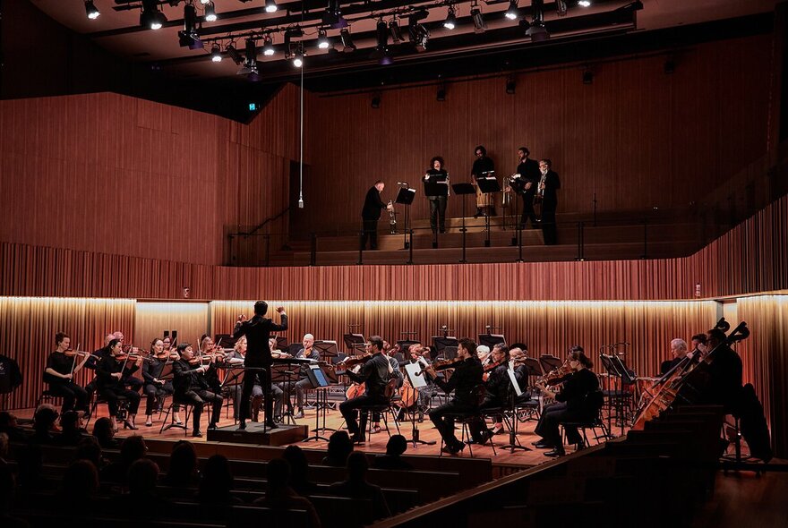 Seated classical orchestra performing on a wooden stage under lights.