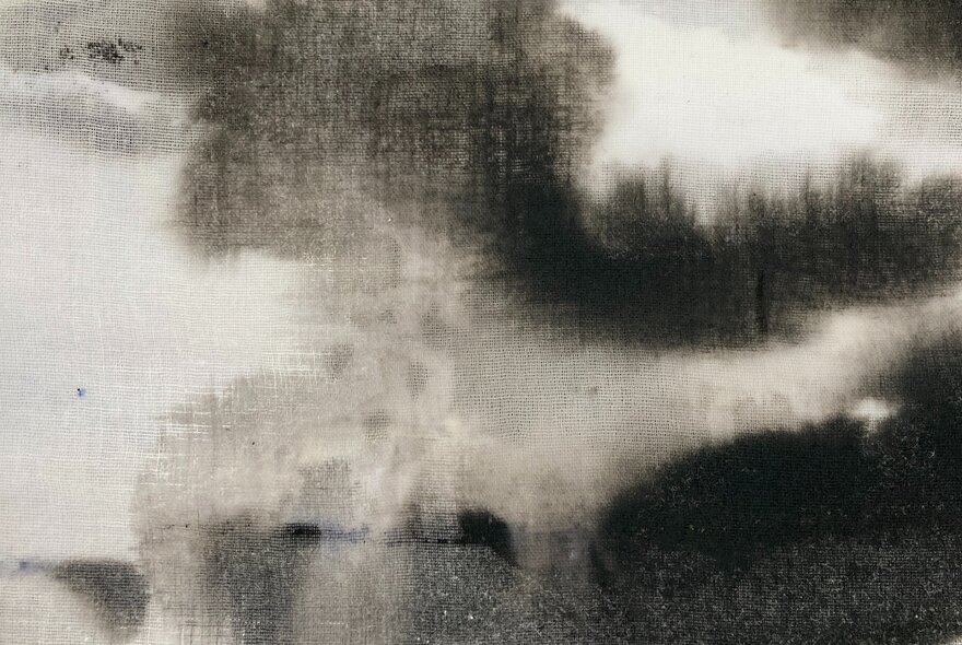 An obscure image with monochrome tones resembling plumes of smoke. 