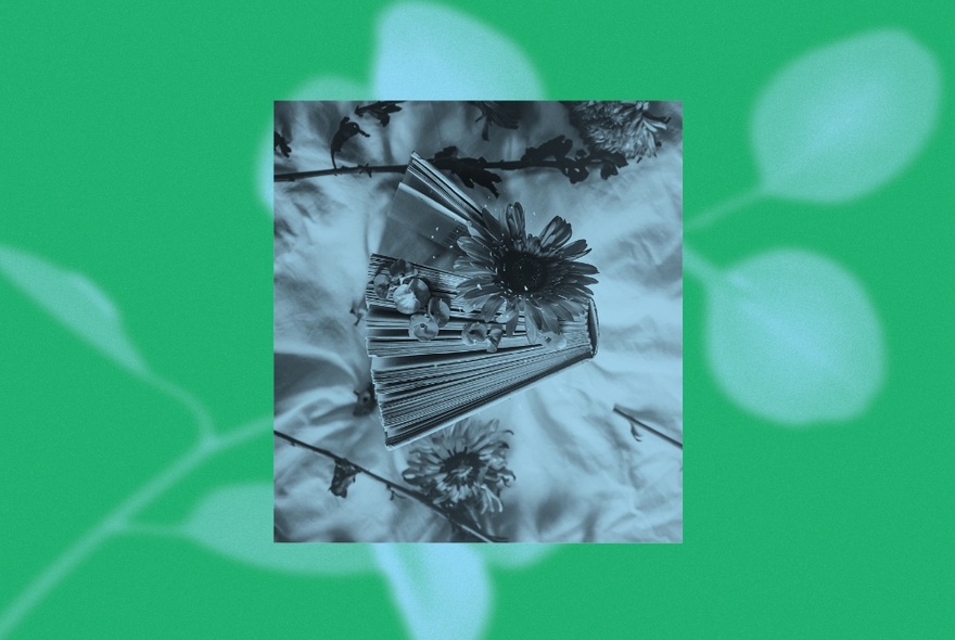 Black and white image of flowers centred on a background of blurred blue leaf on a green background.