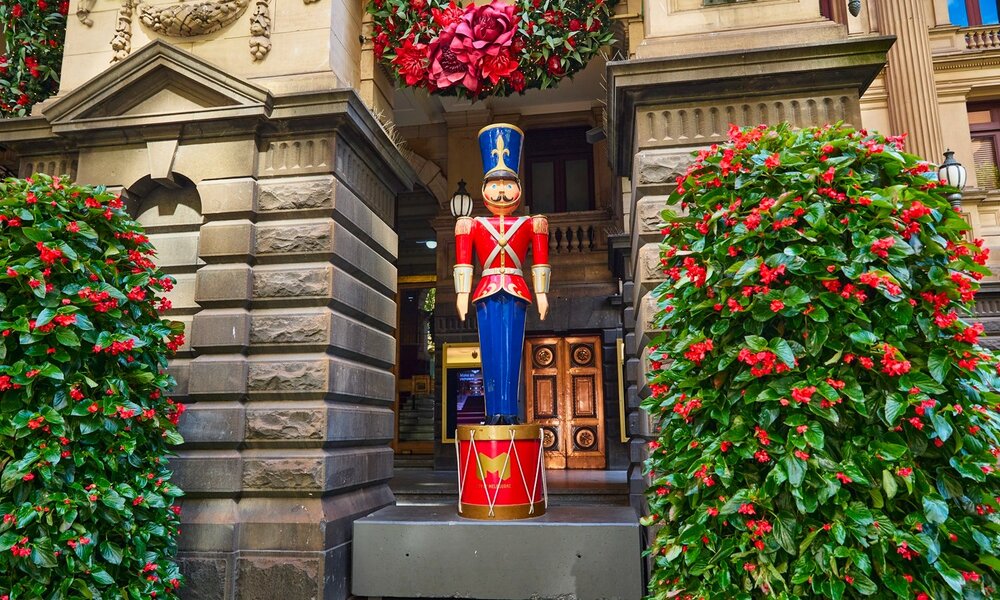 A Christmas Nutcracker decoration outside Melbourne Town Hall. 
