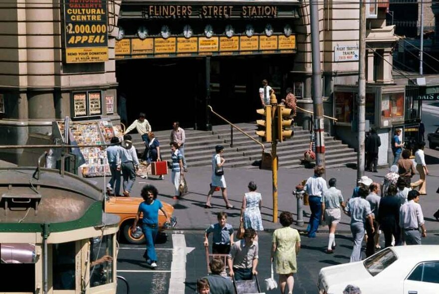 An old photo of Flinders Street Station.