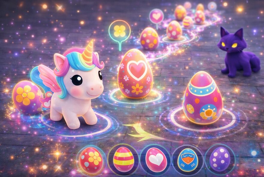 A digital image of a cute unicorn surrounded by brightly coloured eggs, twinkling stars and a black cat, that displays as part of an augmented reality game for families. 