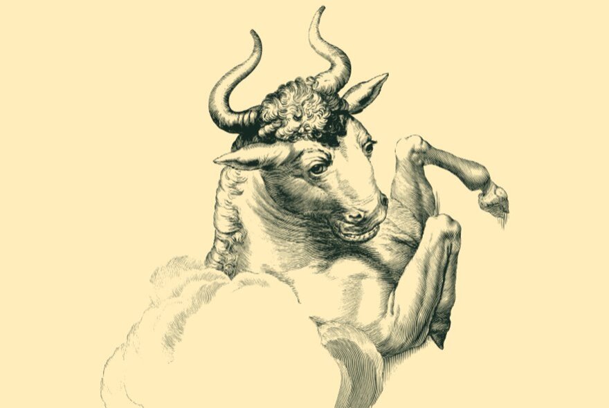 A hand-drawing of a strong bull with curved horns, rearing up in a cloud of dust.