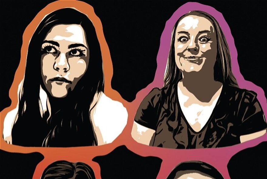 Black and white portraits of two women, on a black background but surrounded by orange and pink halos.