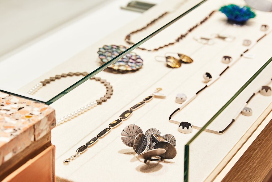 A display case of contemporary jewellery at e.g.etal, a designer jewellery store and gallery.