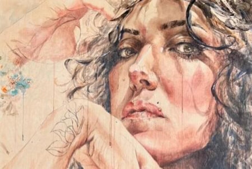 A close-up portrait painting in a realistic style, featuring a woman with curly, dark hair looking directly at the viewer. 