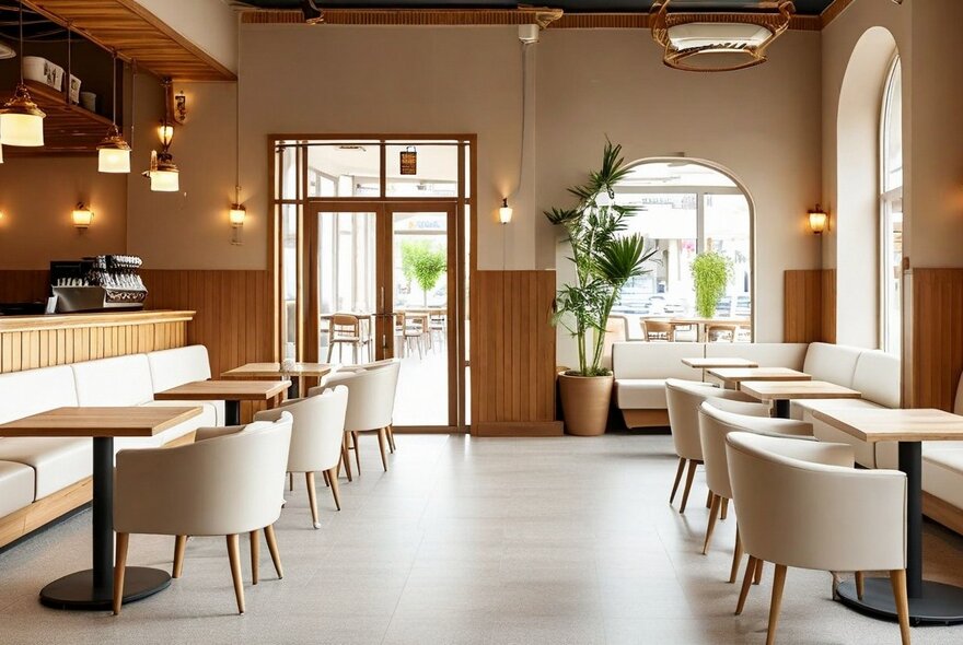 The modern, minimalist interior of a restaurant featuring natural colours and warm wood-finishes.