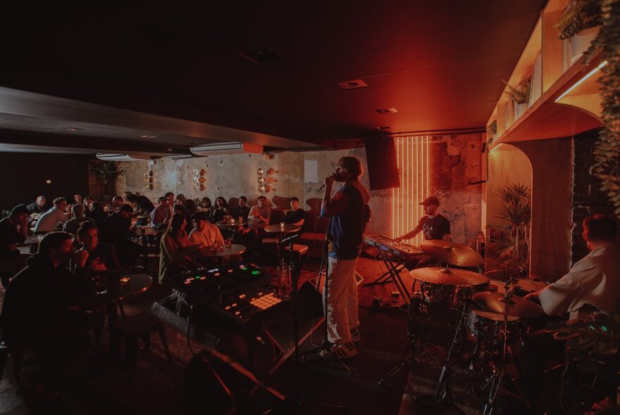 A band performing on a dark stage to a crowd of seated patrons.