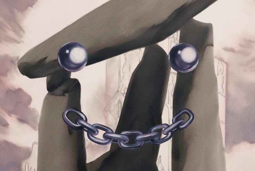 Neorealistic painting of stones held together with a chain and nails.