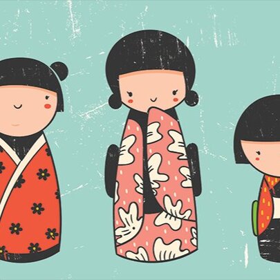 A drawing of three dolls dressed in kimonos against a mint green background. 