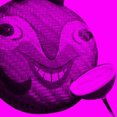 Graphic illustration of a purple orb drinking a martini.